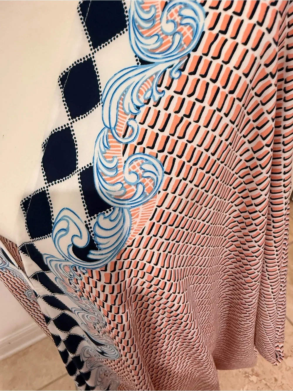 Maxi Dress Caftan with Blue Scroll Trim - Pink/Brown Pattern - Picture 5 of 6